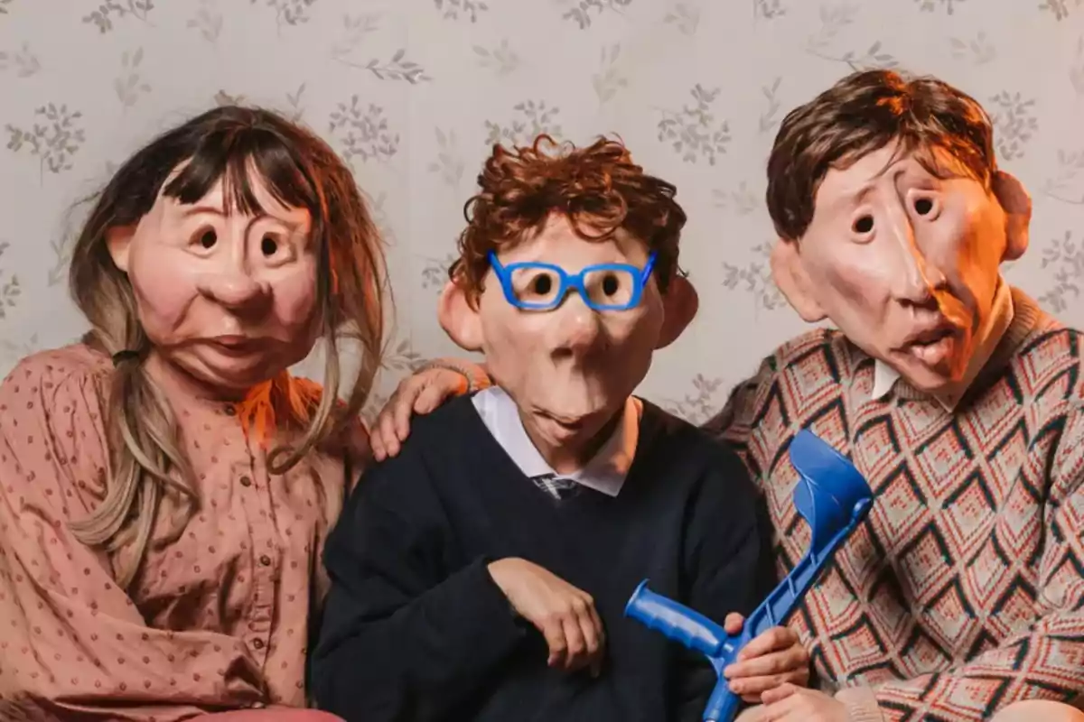 Tres personas con máscaras de látex sentadas juntas, una de ellas con gafas azules y sosteniendo un objeto azul.