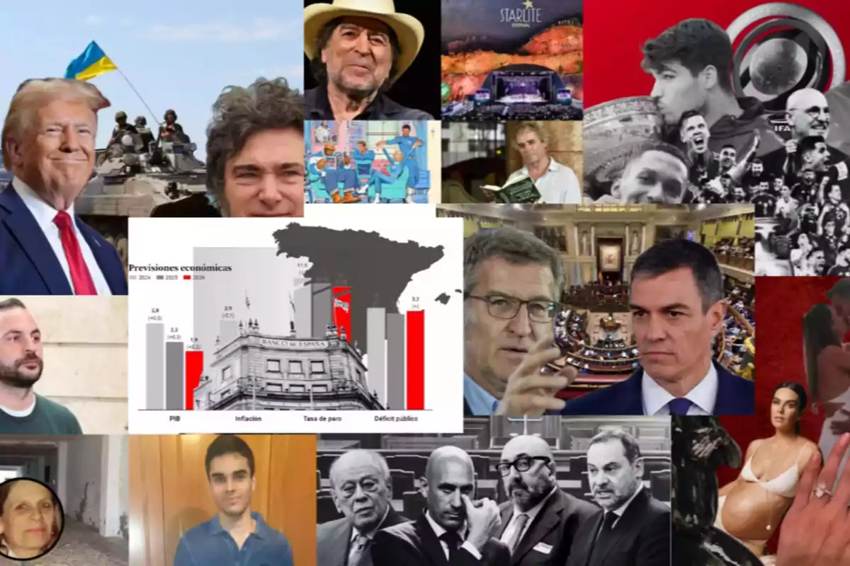 Un collage de imágenes que incluye figuras políticas, eventos deportivos, gráficos económicos y escenas culturales.