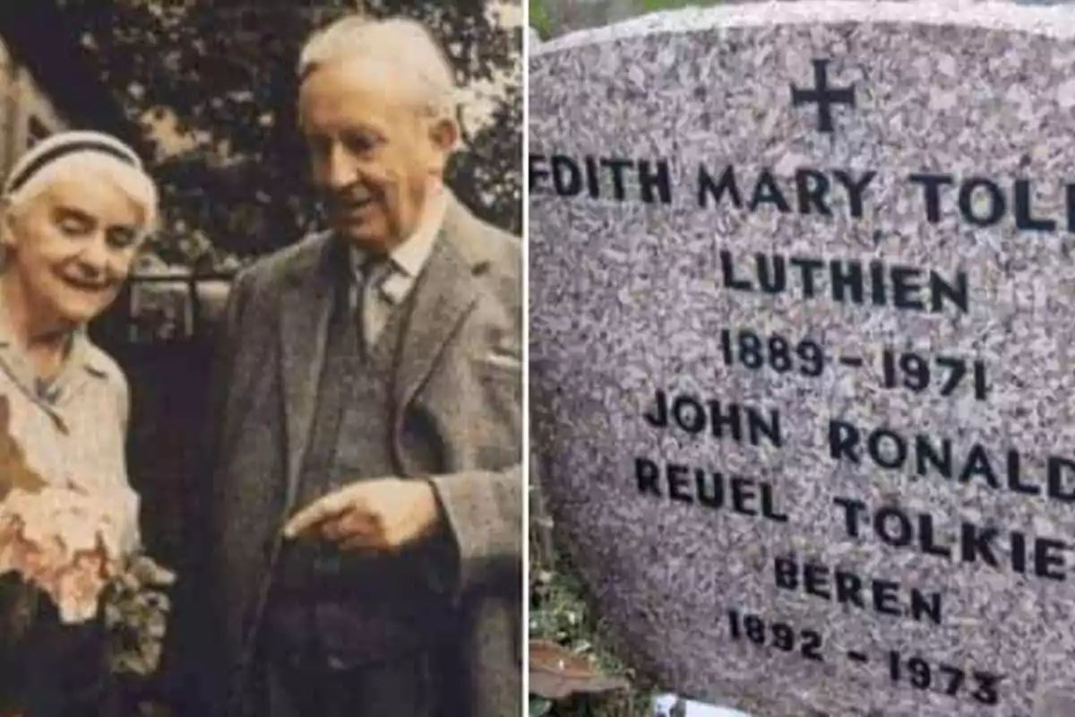 Una imagen dividida en dos partes: a la izquierda, una pareja de ancianos sonrientes, y a la derecha, una lápida con los nombres Edith Mary Tolkien y John Ronald Reuel Tolkien, junto con las fechas 1889-1971 y 1892-1973 respectivamente.