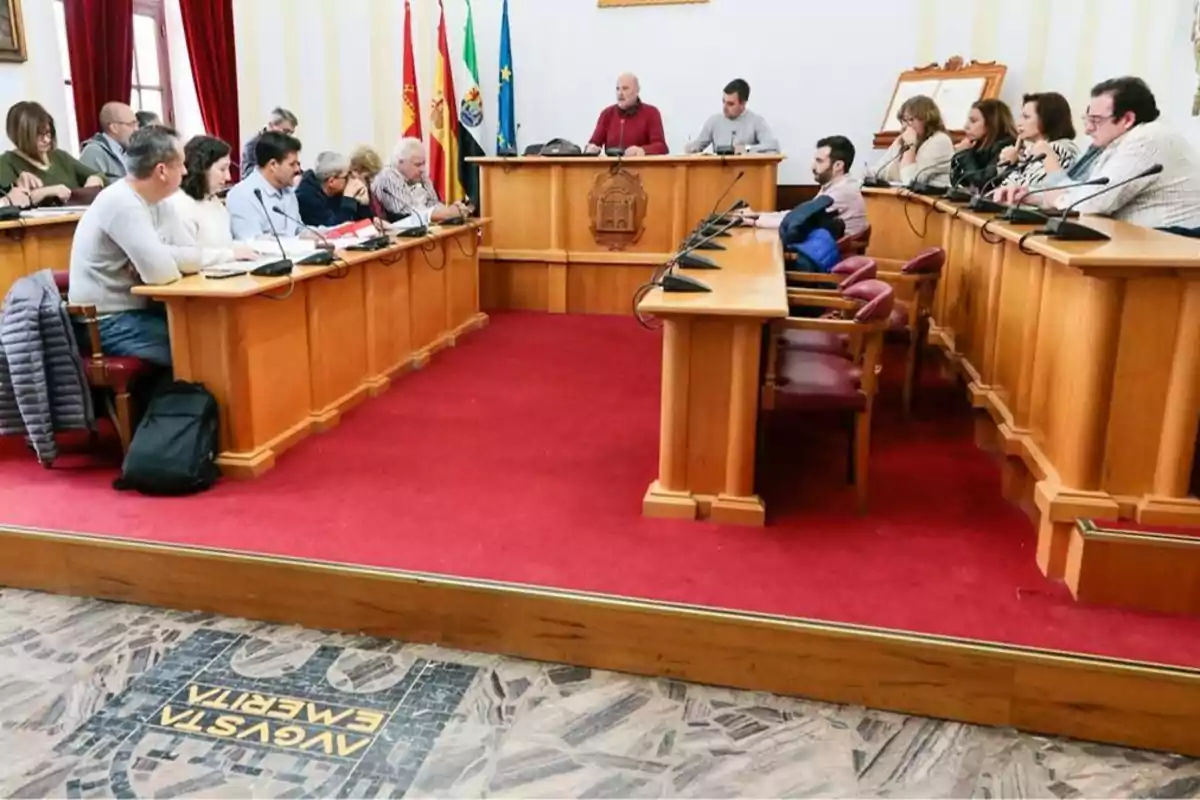 Personas sentadas en una sala de reuniones con alfombra roja y banderas en el fondo, participando en una sesión formal.