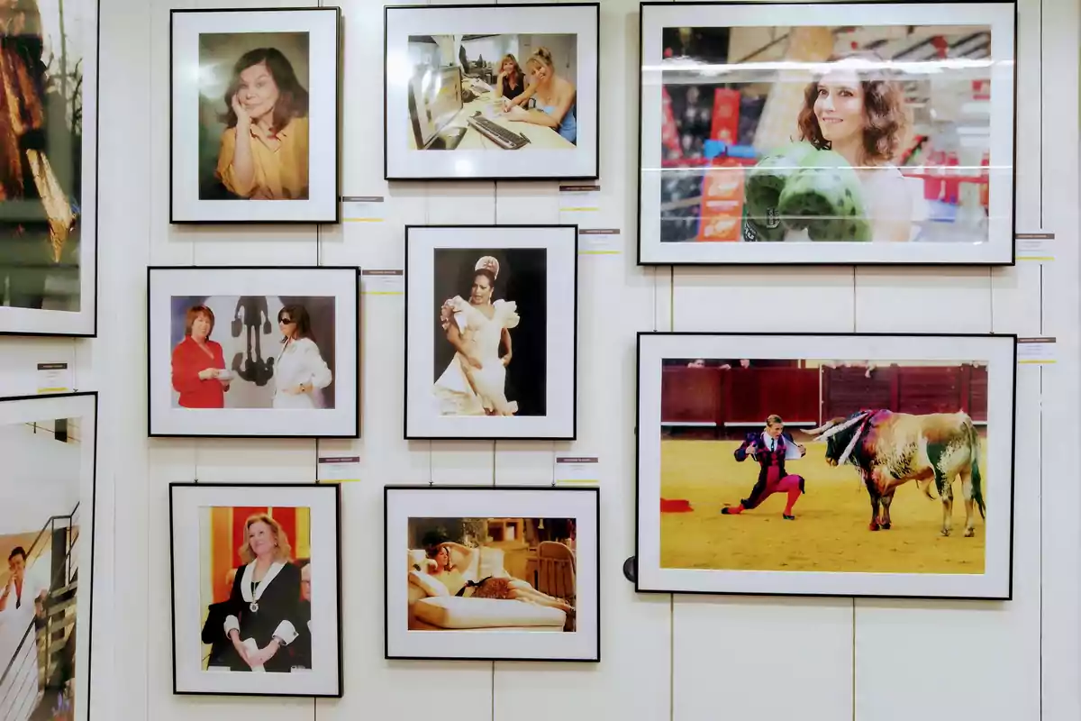 Exposición de fotografías enmarcadas en una galería mostrando retratos y escenas diversas de mujeres en diferentes contextos Exposición de fotografías enmarcadas en una galería mostrando retratos y escenas diversas de mujeres en diferentes contextos