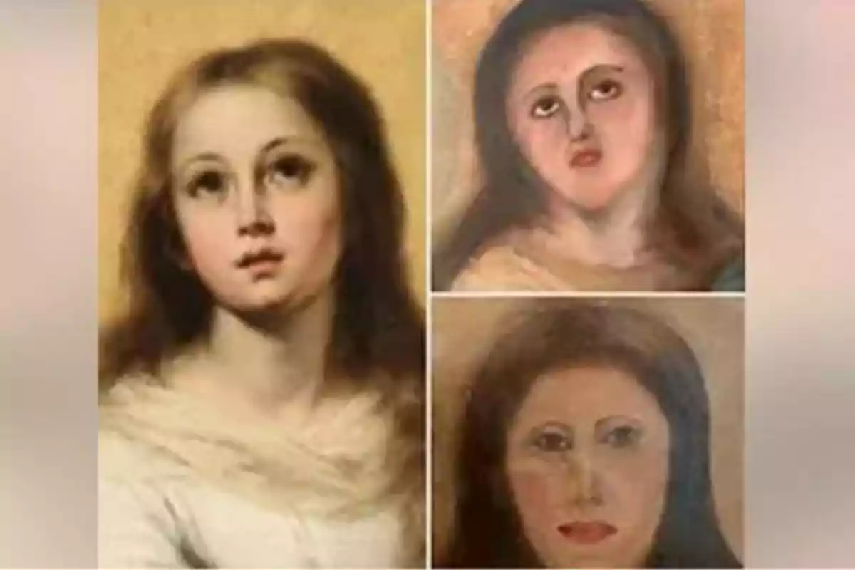 Comparación de un retrato original de una joven con dos intentos fallidos de restauración.