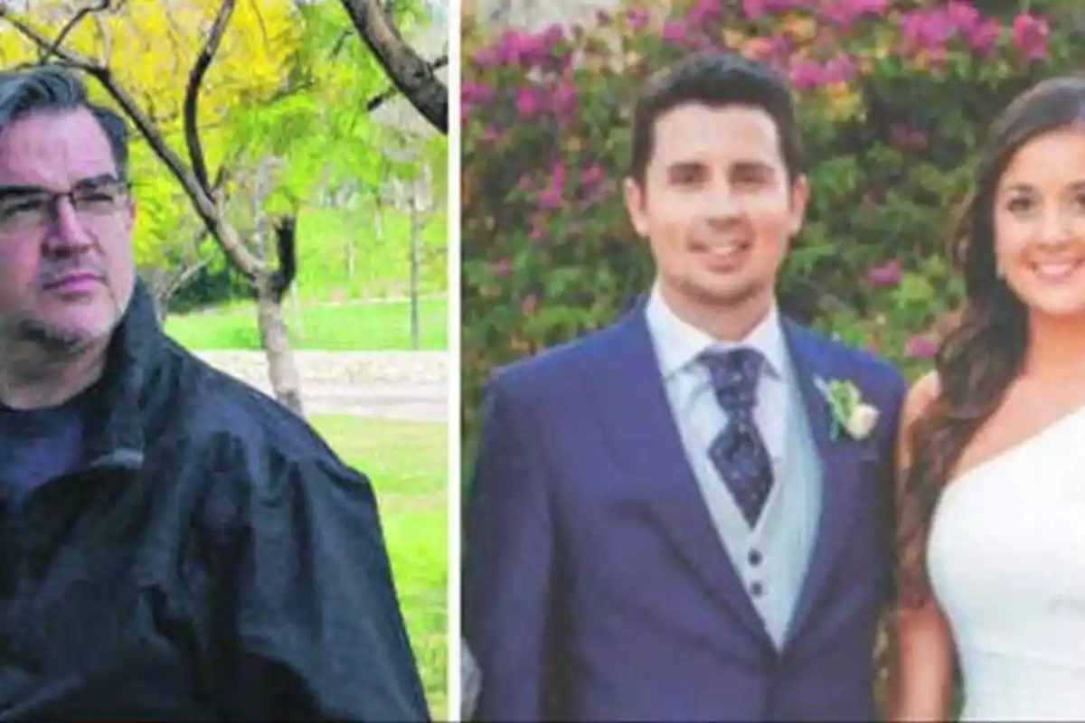 Un hombre con gafas y chaqueta oscura está en un parque, mientras que en otra imagen, una pareja vestida elegantemente sonríe frente a un fondo de flores.