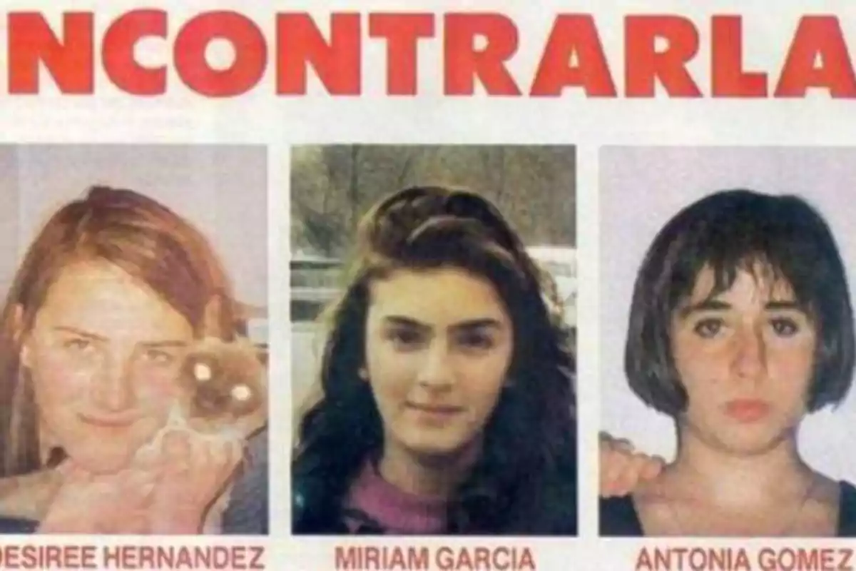 Tres fotografías de mujeres jóvenes con el texto "ENCONTRARLA" en la parte superior y los nombres "DESIREE HERNANDEZ", "MIRIAM GARCIA" y "ANTONIA GOMEZ" debajo de cada imagen respectivamente.