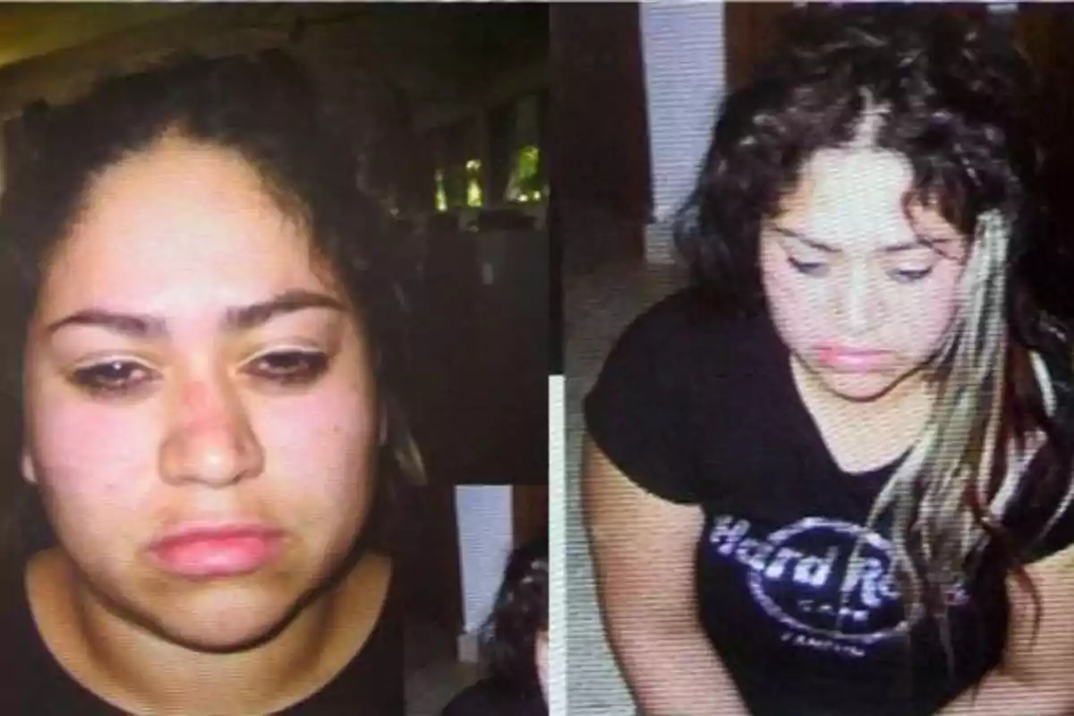 Dos fotos de una mujer con expresión seria, una de frente y otra de perfil, con una camiseta negra de Hard Rock Cafe.