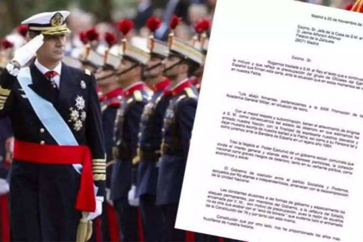 Un oficial militar saluda mientras pasa revista a una formación de soldados, con un documento oficial visible en primer plano.