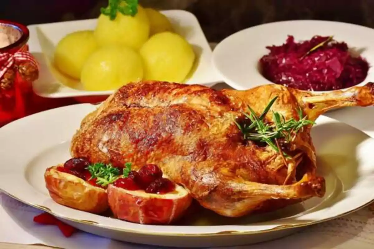 Plato de pato asado acompañado de manzanas rellenas, bolas de patata y col roja.