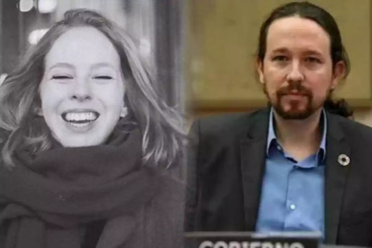 Una mujer sonriendo con los ojos cerrados y un hombre con barba y cabello largo recogido, vestido con traje y corbata, sentado frente a un letrero que dice "GOBIERNO".