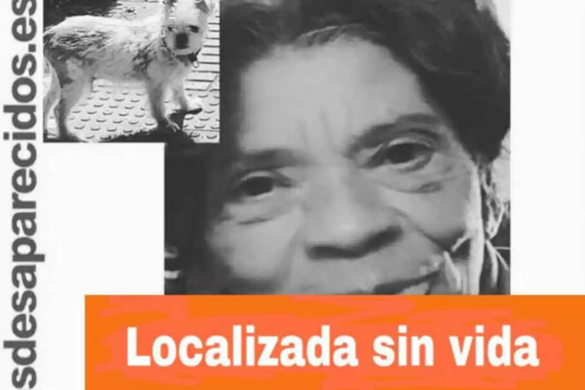 Imagen de una mujer mayor con un perro pequeño y un texto que dice "Localizada sin vida".