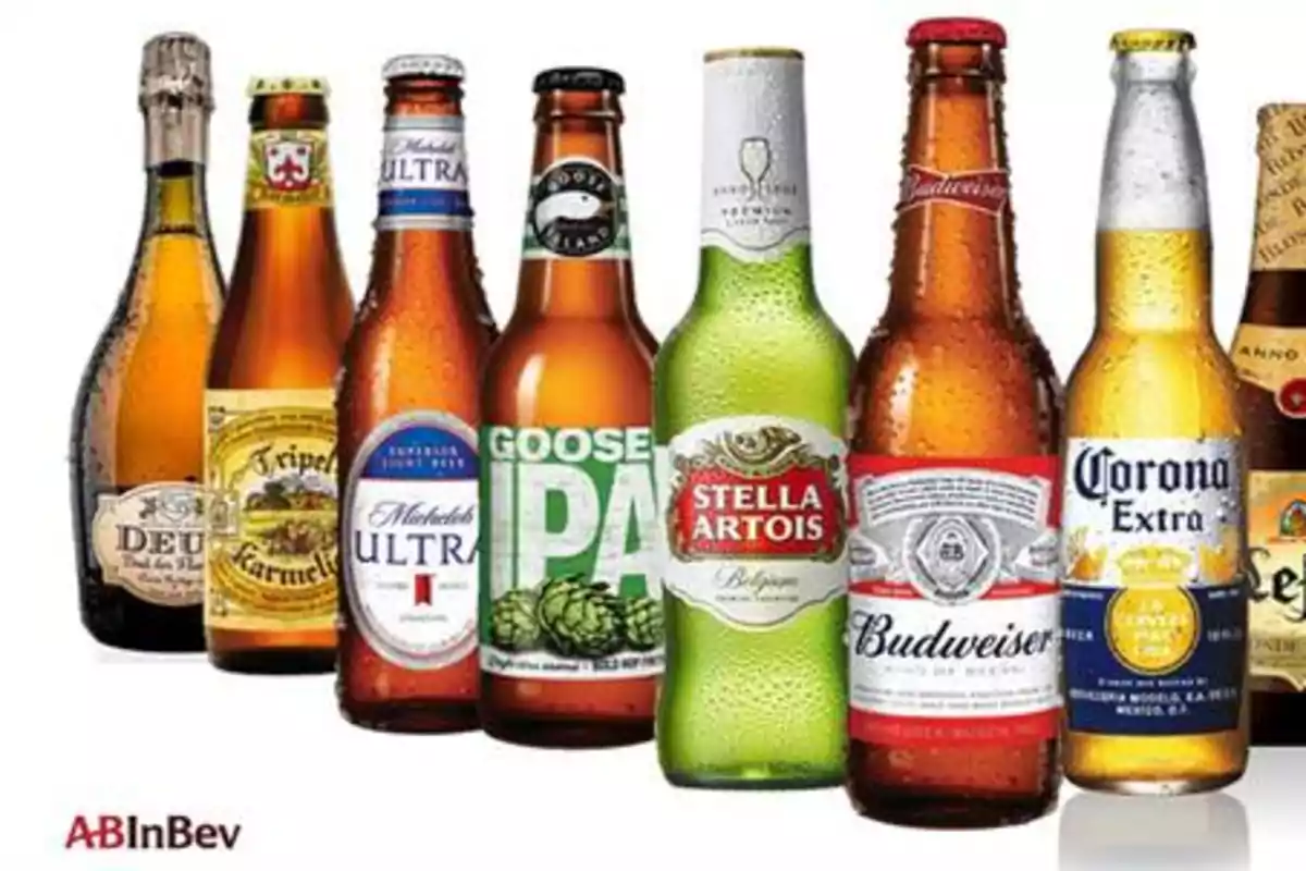 Varias botellas de diferentes marcas de cerveza, incluyendo DeuS, Tripel Karmeliet, Michelob Ultra, Goose IPA, Stella Artois, Budweiser y Corona Extra, con el logo de AB InBev en la esquina inferior izquierda.