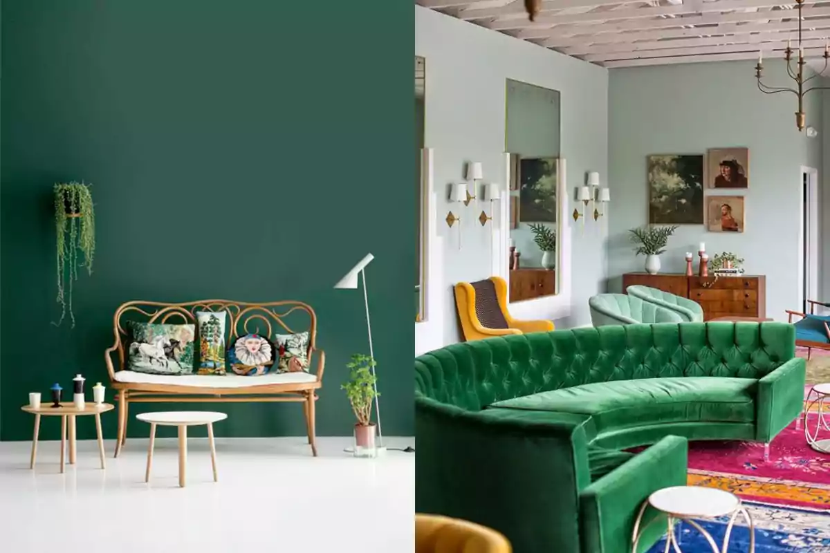 Dos salas de estar con decoración en tonos verdes, una con un sofá de mimbre y cojines decorativos y la otra con un sofá curvo de terciopelo verde y sillas coloridas.