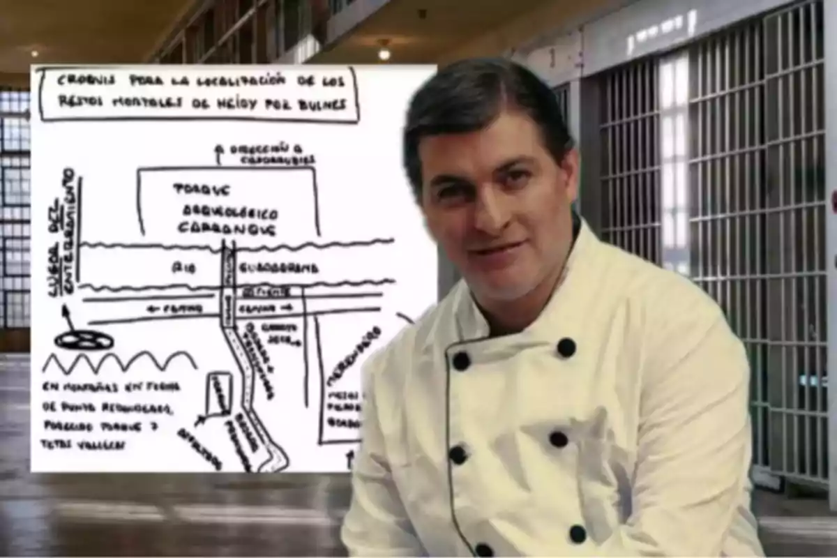 Hombre con chaqueta de chef posando frente a un fondo de una cárcel y un croquis dibujado a mano Hombre con chaqueta de chef posando frente a un fondo de una cárcel y un croquis dibujado a mano