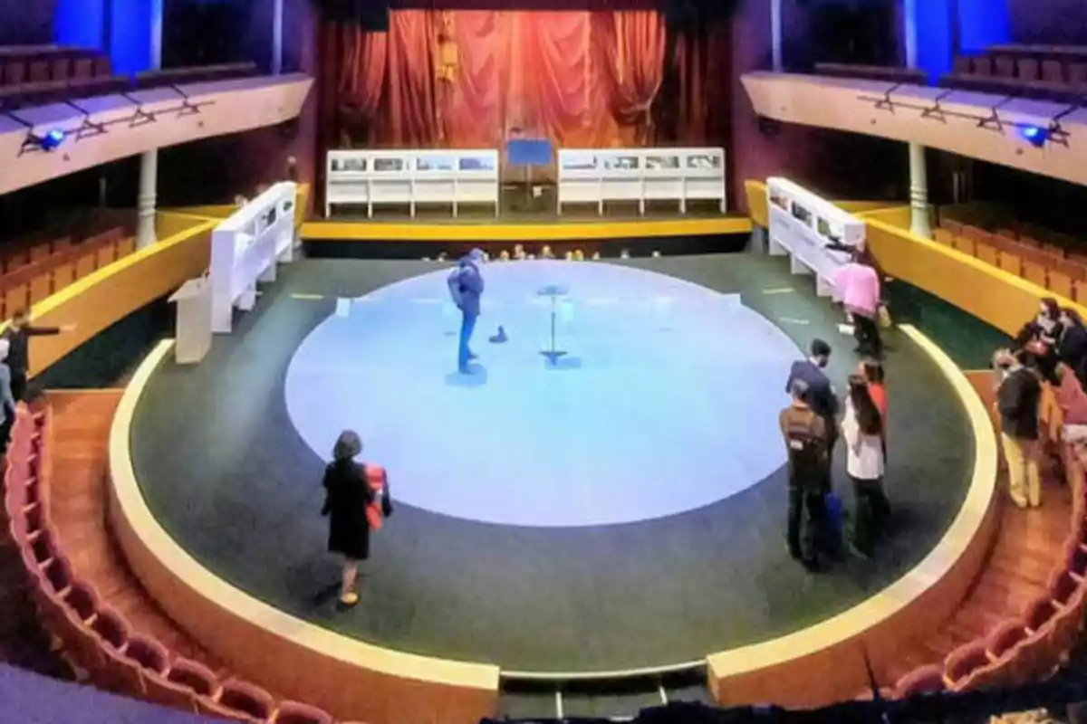 Una imagen de un teatro con un escenario circular en el centro, rodeado de asientos y con varias personas de pie alrededor del escenario.