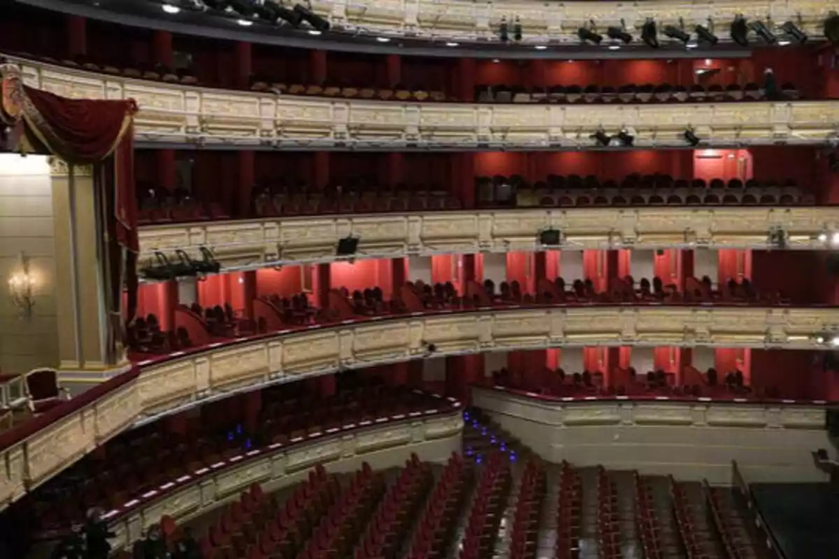 Interior de un teatro con varios niveles de balcones y asientos rojos