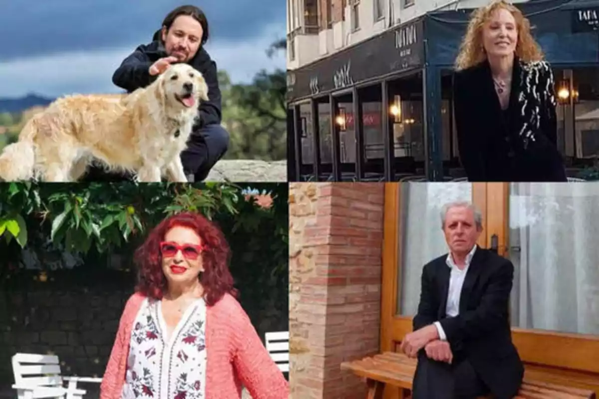 Cuatro personas posando en diferentes entornos: un hombre con un perro, una mujer frente a un restaurante, una mujer con gafas de sol y un hombre sentado en un banco.