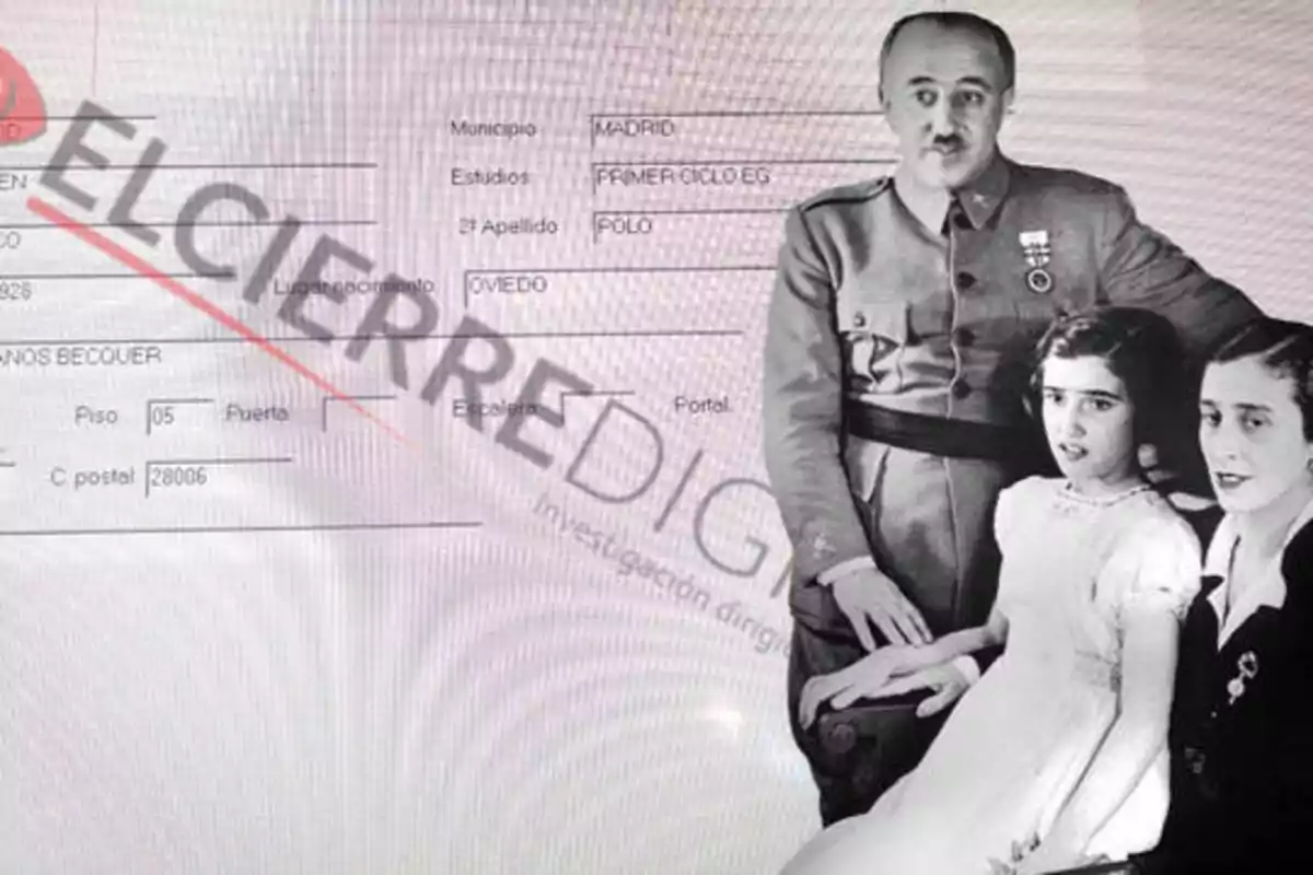 Una imagen en blanco y negro de una familia con un hombre en uniforme militar, una mujer y una niña, superpuesta sobre un documento con el texto "EL CIERRE DIGITAL".