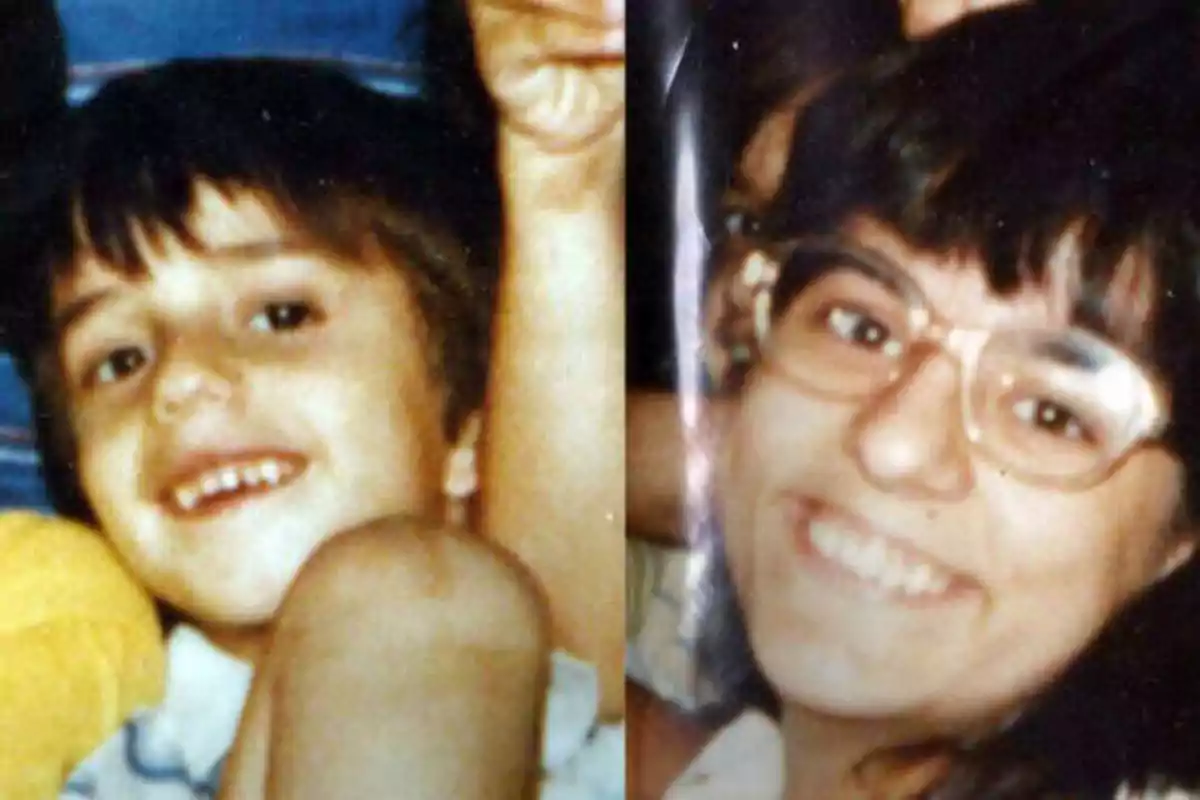 Dos personas sonrientes en una foto antigua, un niño a la izquierda y una mujer con gafas a la derecha.