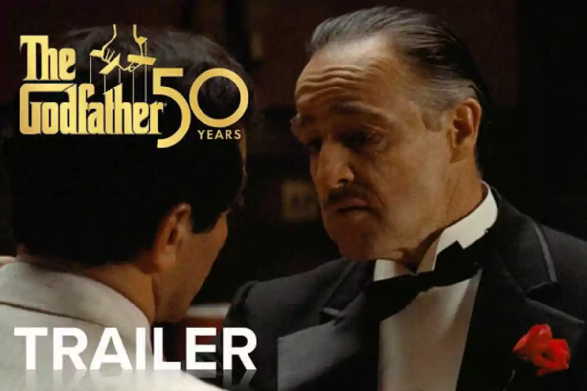 Imagen del 50 aniversario de "The Godfather" con la palabra "TRAILER" en la parte inferior.