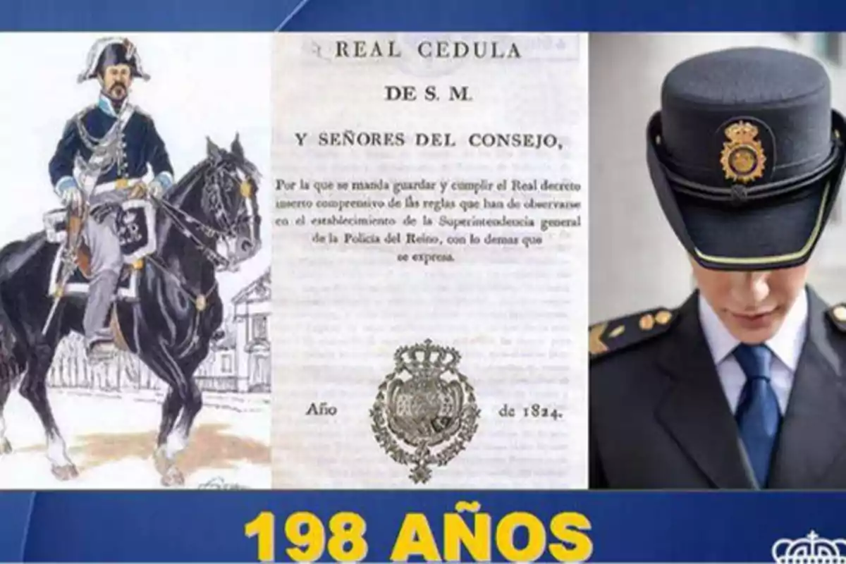 Ilustración de un policía montado a caballo, documento histórico de una real cédula y un oficial de policía con uniforme moderno, con el texto "198 AÑOS" en la parte inferior.