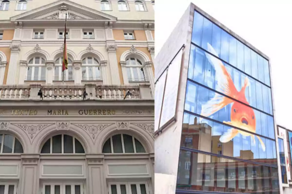Edificio del Teatro María Guerrero junto a un edificio moderno con una imagen de un pez dorado en su fachada de vidrio.