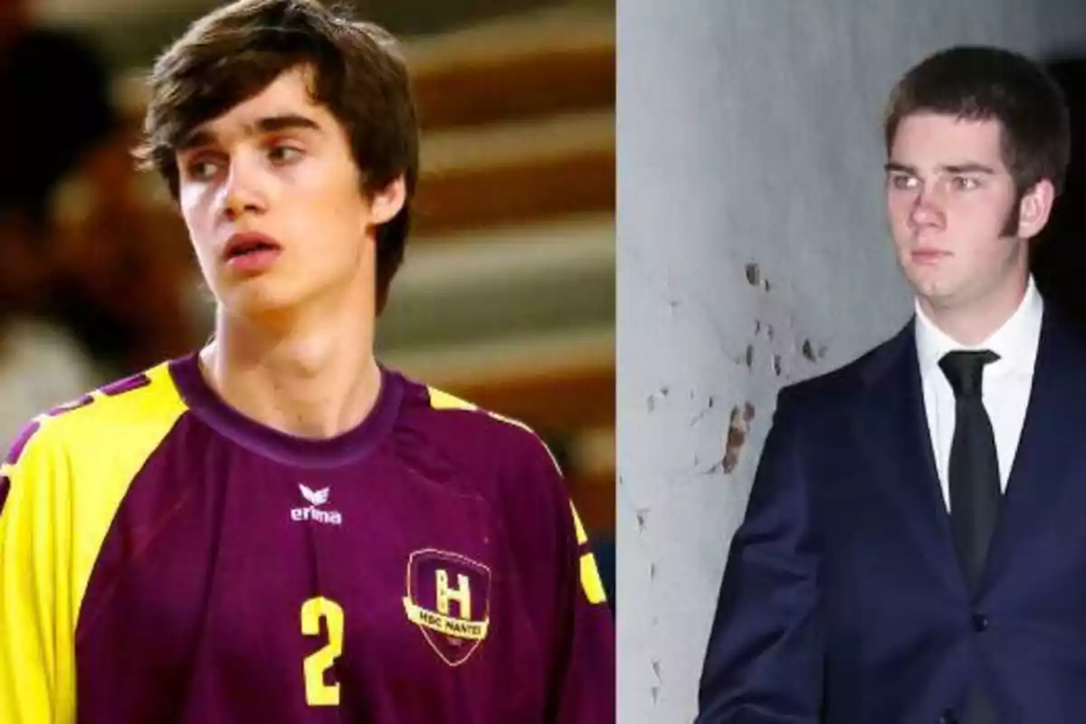 Dos imágenes de un joven, una en la que lleva un uniforme deportivo y otra en la que viste un traje formal.