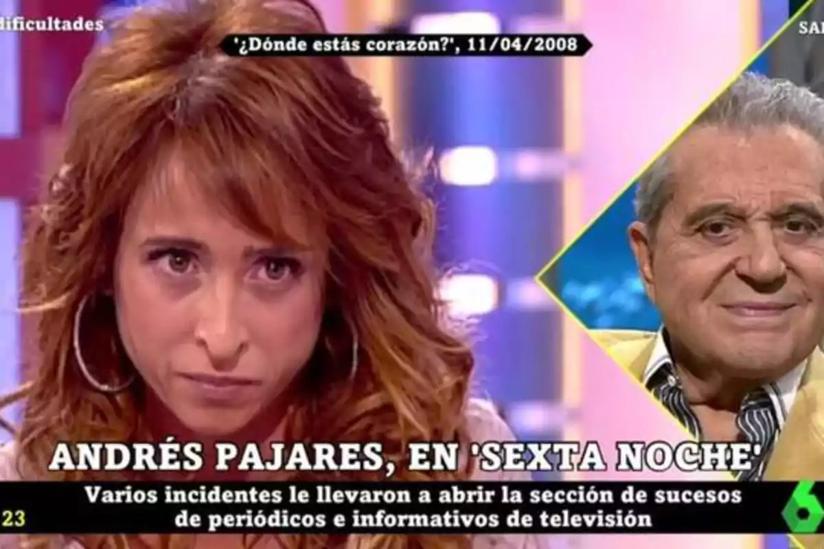 Imagen de un programa de televisión con el título "¿Dónde estás corazón?" del 11/04/2008, donde se menciona a Andrés Pajares en 'Sexta Noche' y se comenta que varios incidentes lo llevaron a abrir la sección de sucesos de periódicos e informativos de televisión.