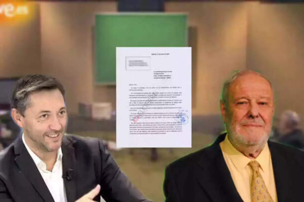 Dos hombres en traje, uno sonriendo y el otro serio, con un documento flotando entre ellos y un fondo borroso.