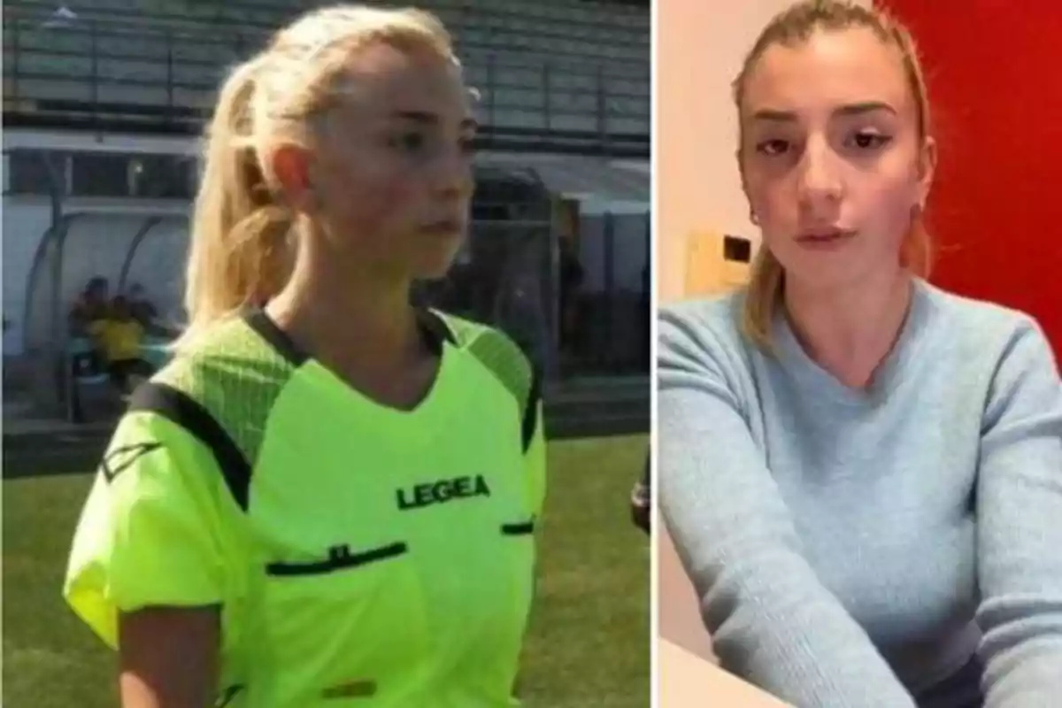 Una mujer con camiseta de árbitro en un campo de fútbol y la misma mujer con un suéter gris en un entorno interior.