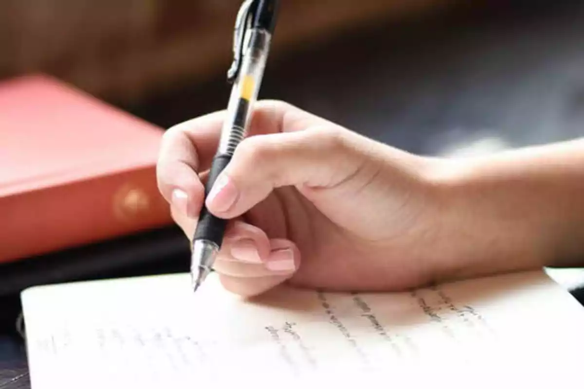 Una mano sosteniendo un bolígrafo y escribiendo en un cuaderno con un libro rojo al fondo.