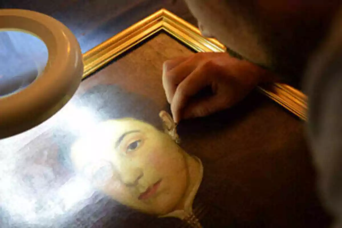 Una persona restaurando un cuadro antiguo con una lupa iluminada.