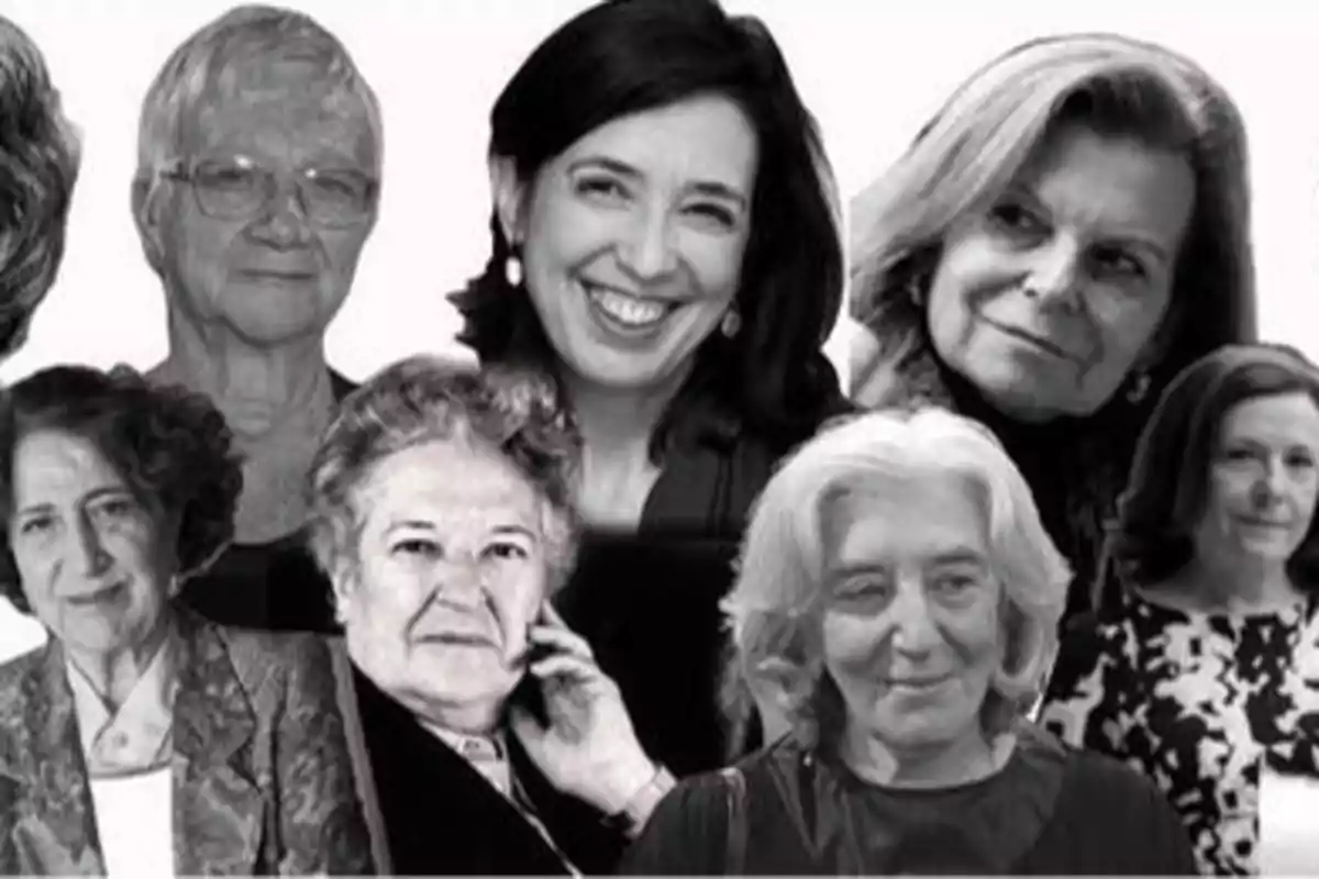 Un collage en blanco y negro de varias mujeres de diferentes edades sonriendo y mirando a la cámara.