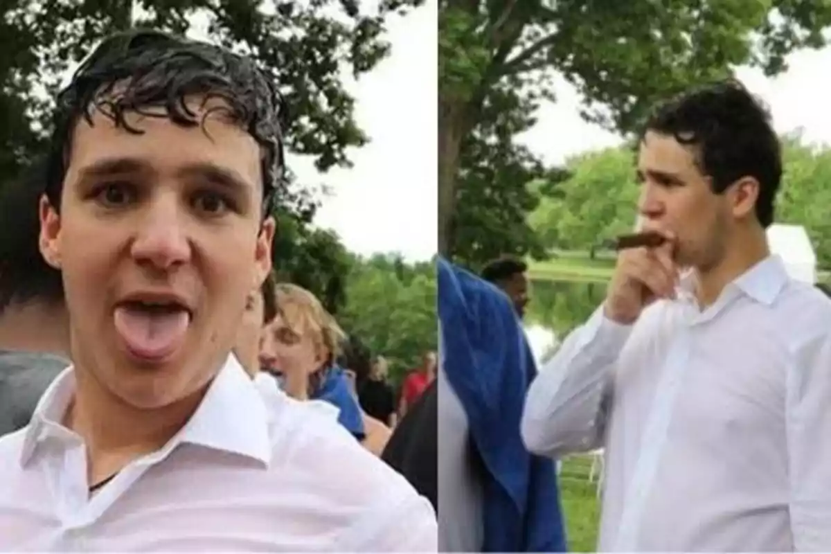 Dos imágenes de un hombre joven, en la primera saca la lengua y en la segunda fuma un cigarro, ambas en un entorno al aire libre con árboles y personas de fondo.