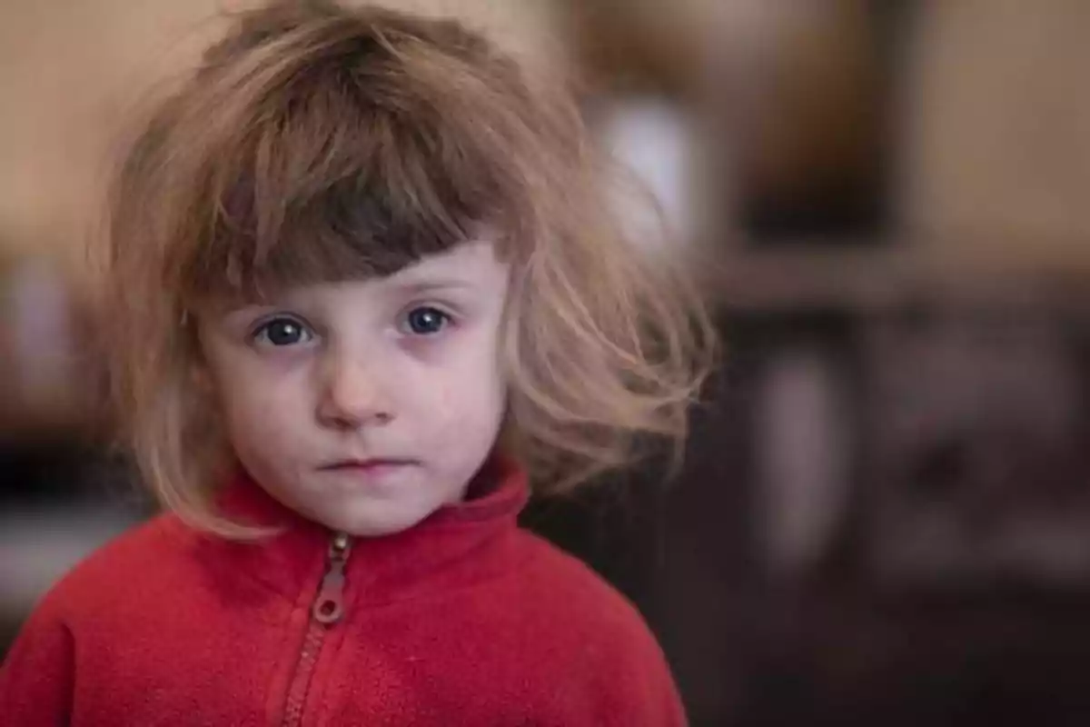 Una niña con cabello rubio y despeinado, vistiendo un suéter rojo, mira directamente a la cámara con una expresión seria.