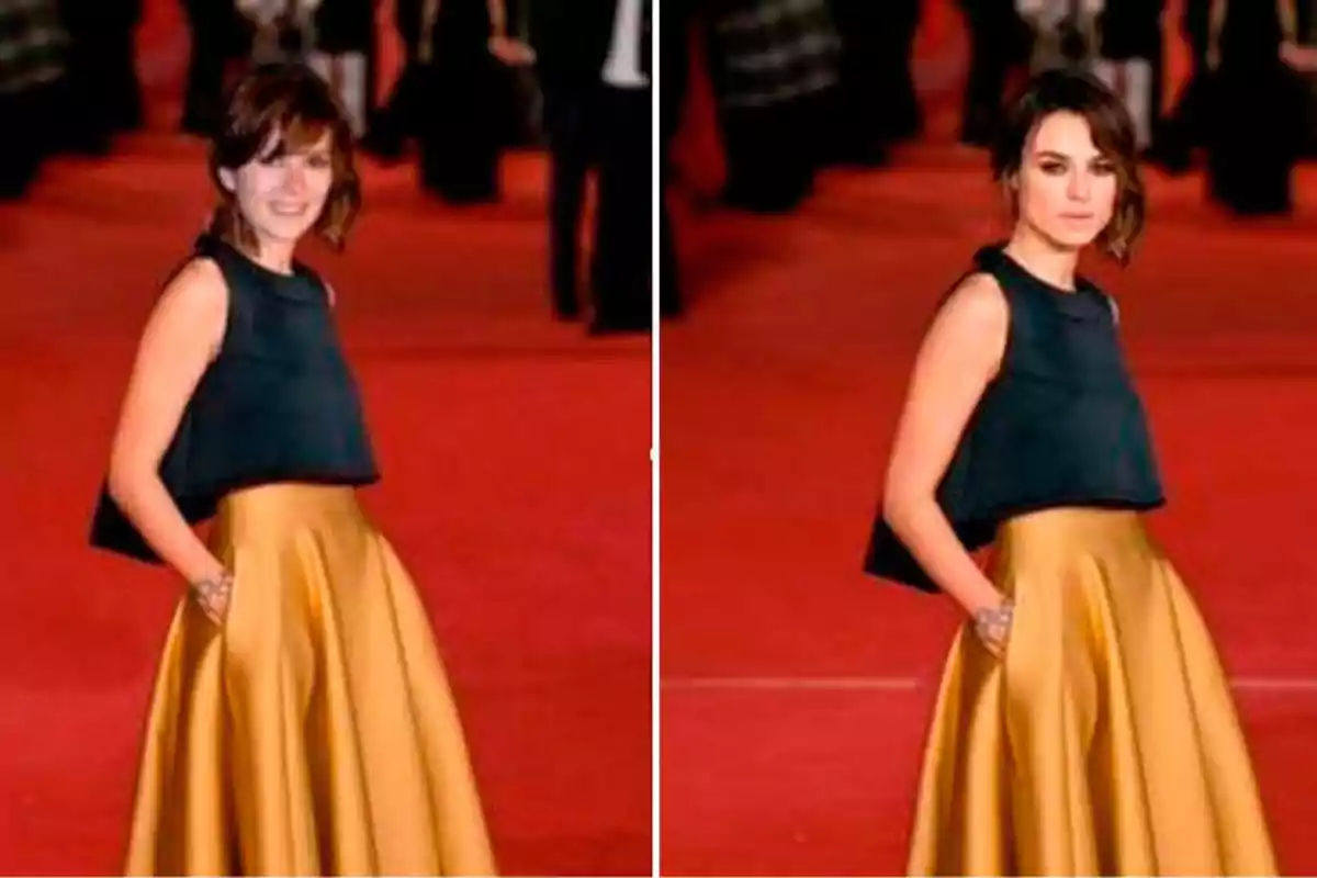 Dos mujeres posan en una alfombra roja usando la misma falda dorada y blusa negra sin mangas, una a la izquierda sonríe y la otra a la derecha tiene expresión seria. Dos mujeres posan en una alfombra roja usando la misma falda dorada y blusa negra sin mangas, una a la izquierda sonríe y la otra a la derecha tiene expresión seria.
