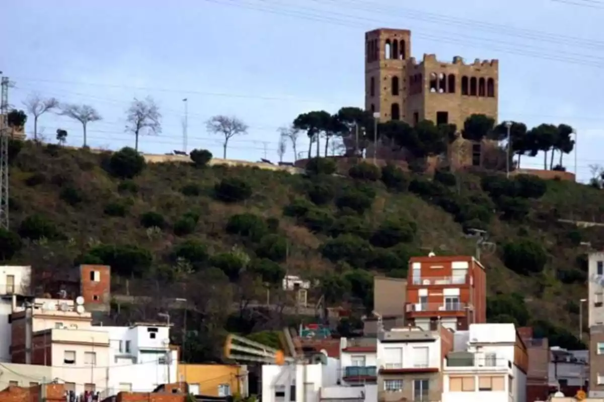 Vista de un castillo antiguo en la cima de una colina rodeada de árboles con casas modernas en la parte baja Vista de un castillo antiguo en la cima de una colina rodeada de árboles con casas modernas en la parte baja