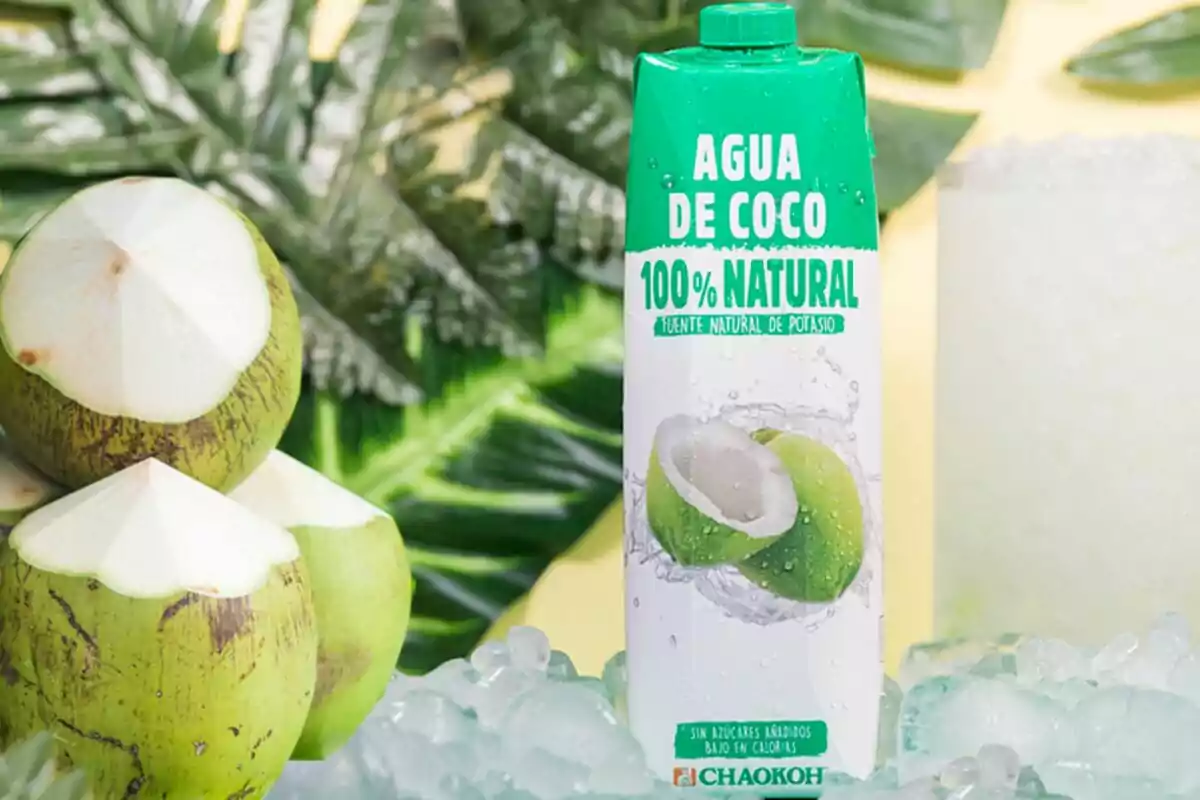 Envase de agua de coco 100% natural de Mercadona sobre hielo junto a cocos frescos y hojas verdes de fondo. Envase de agua de coco 100% natural de Mercadona sobre hielo junto a cocos frescos y hojas verdes de fondo.