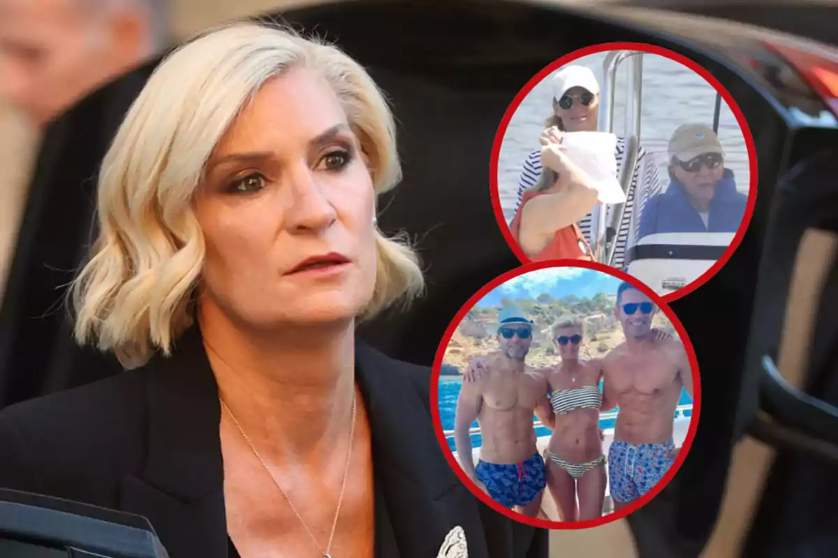 Mujer de cabello rubio y corto con expresión seria en primer plano, al fondo dos recuadros circulares muestran escenas de personas disfrutando en un barco y en la playa