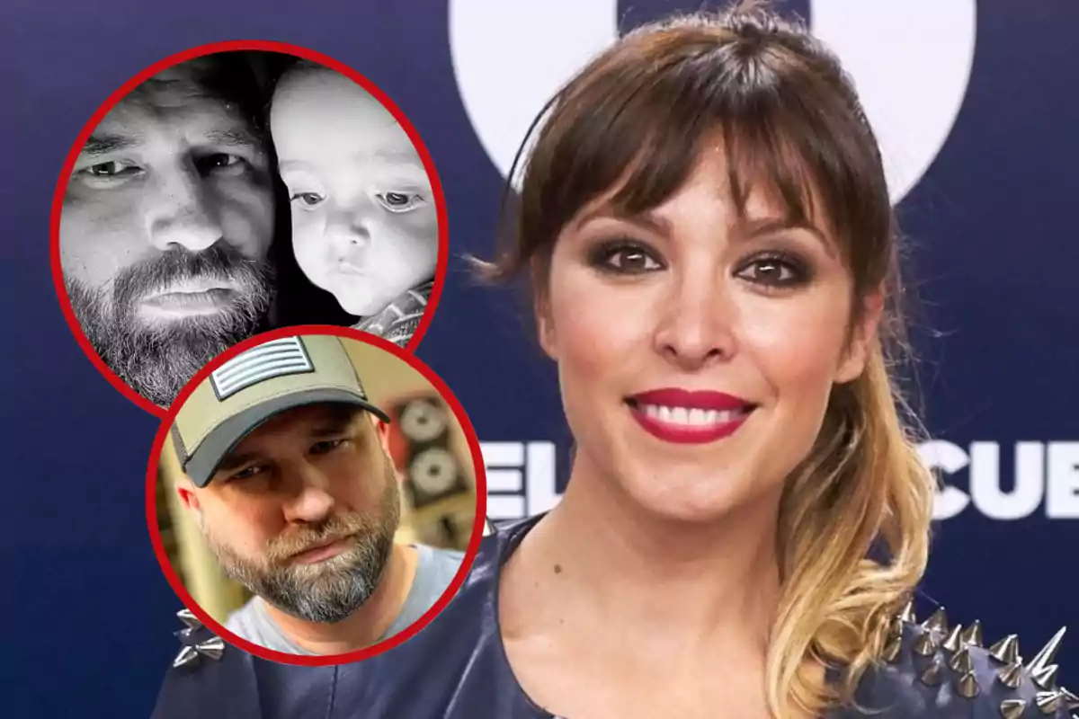 Una mujer sonriente con labios rojos aparece en primer plano, mientras que en la esquina superior izquierda hay dos recuadros circulares con la imagen de un hombre con barba y un niño pequeño en blanco y negro, y otro recuadro con el mismo hombre usando una gorra.