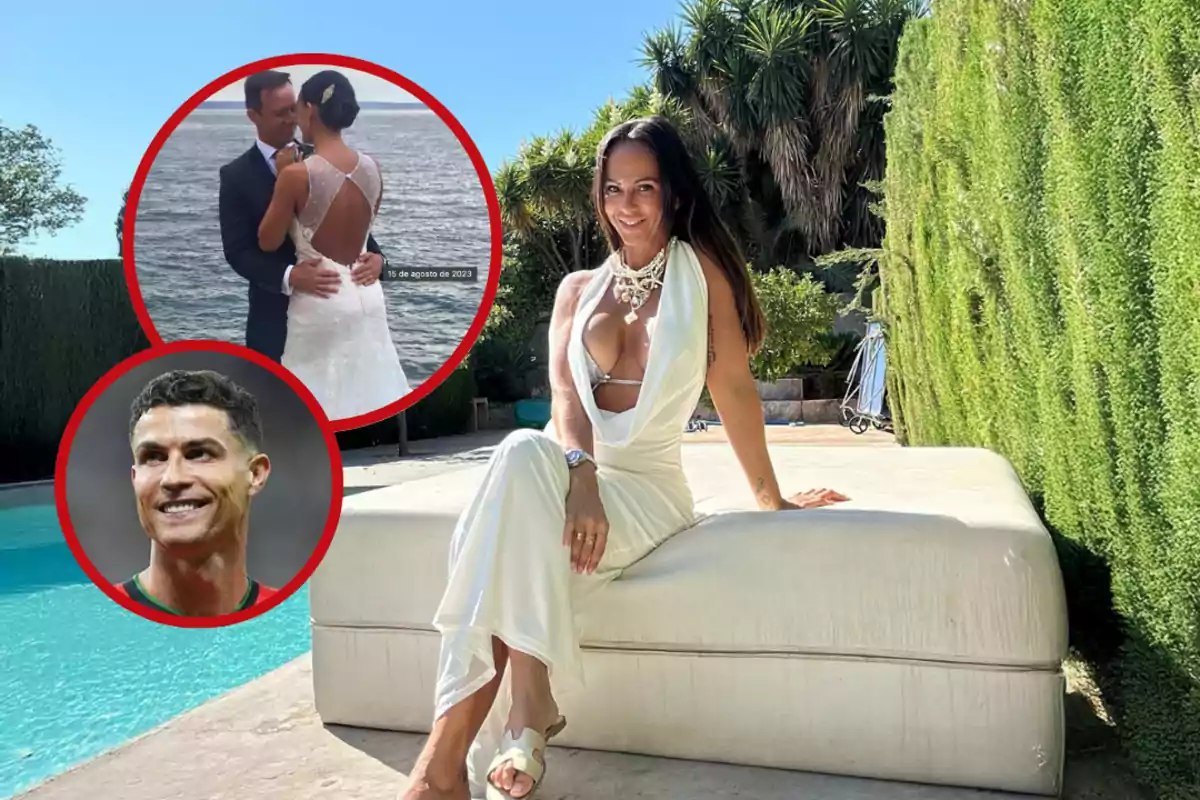 Mujer con vestido blanco sentada junto a una piscina en un jardín, con dos círculos rojos superpuestos que muestran una pareja de recién casados y el rostro de un hombre sonriente