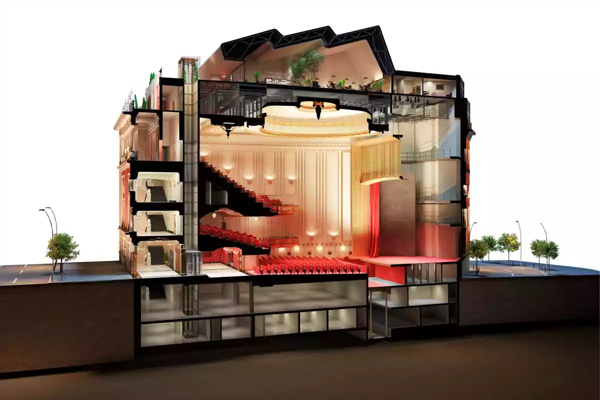 Corte transversal digital de un teatro mostrando el escenario, las butacas, varios niveles de balcones, pasillos, áreas técnicas y espacios exteriores con árboles y calles Corte transversal digital de un teatro mostrando el escenario, las butacas, varios niveles de balcones, pasillos, áreas técnicas y espacios exteriores con árboles y calles