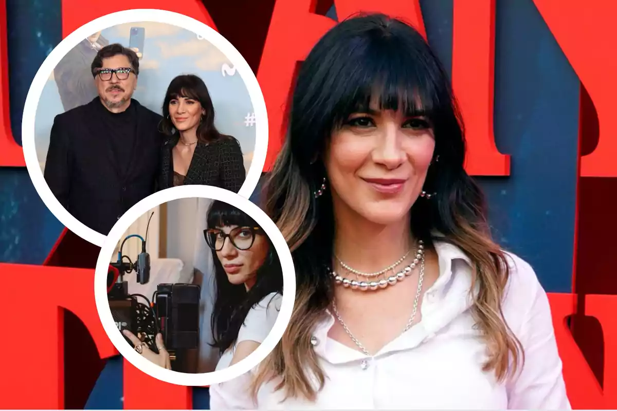 Mujer de cabello oscuro y flequillo posando en un evento con fondo rojo, acompañada de dos imágenes circulares más pequeñas, una con un hombre y otra donde aparece usando gafas y trabajando con una cámara