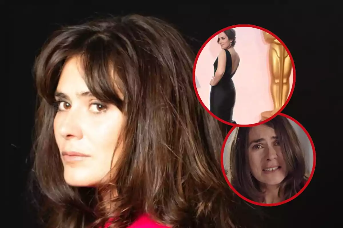 Mujer de cabello castaño con expresión seria en primer plano, acompañada de dos recuadros circulares que muestran a la misma mujer en diferentes situaciones, una posando con vestido negro y otra con expresión de angustia