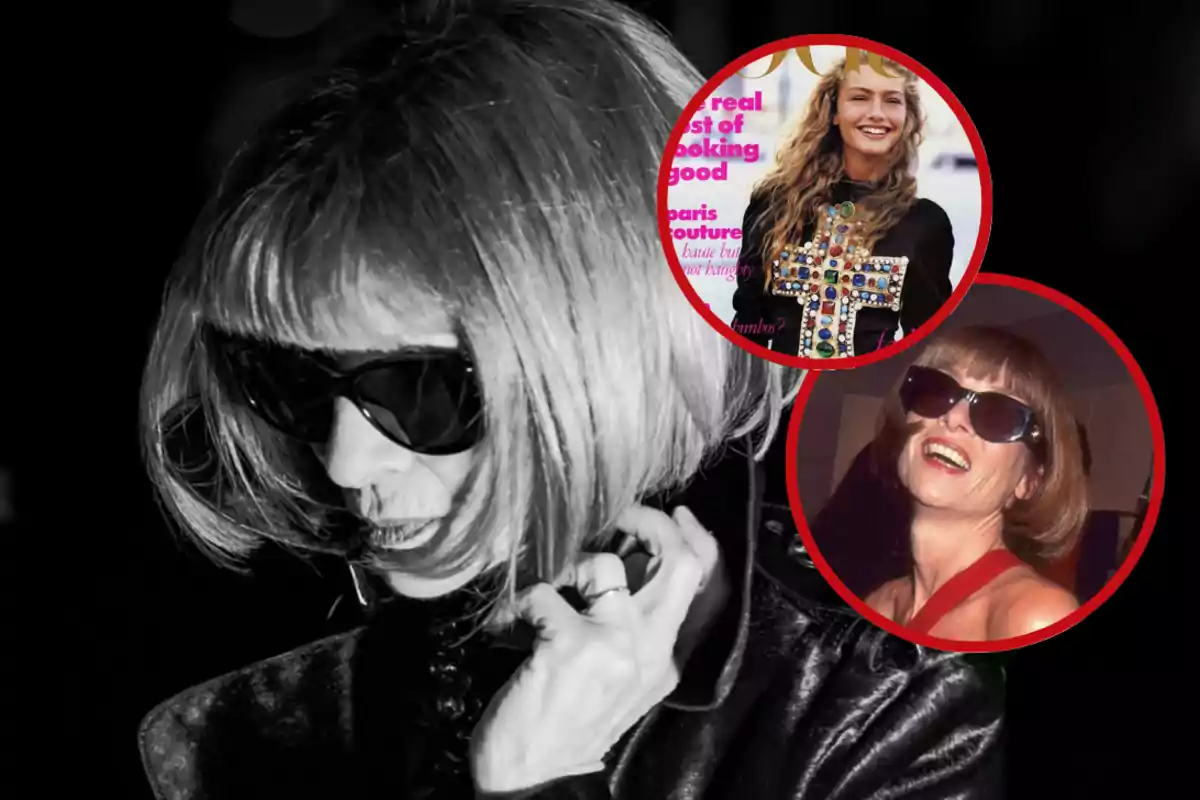 Mujer con gafas oscuras y peinado bob en blanco y negro, con dos círculos superpuestos mostrando una portada de revista y una mujer sonriendo