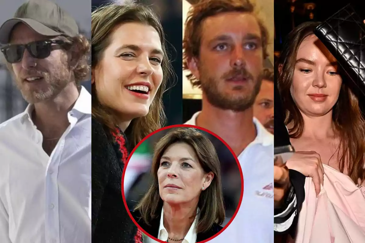 Cuatro personas jóvenes en primer plano y una mujer mayor en un círculo rojo en el centro de la imagen