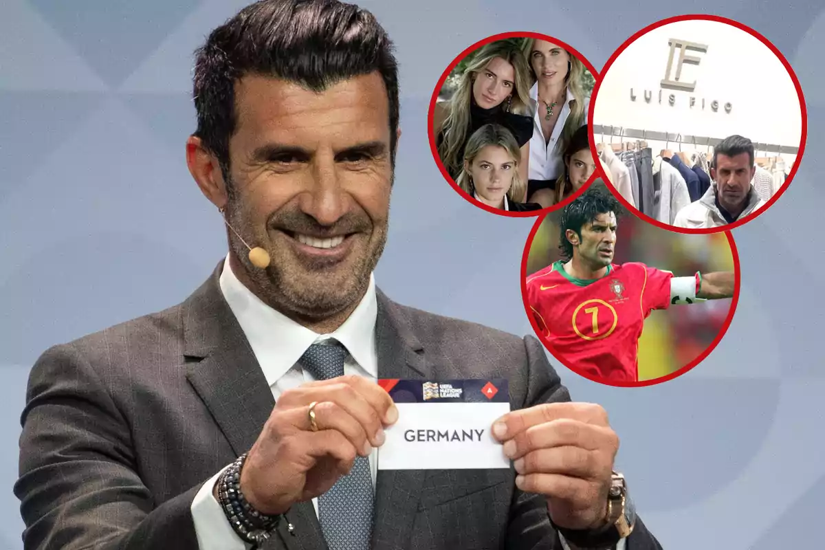 Hombre de traje sonriente sostiene un papel con la palabra Germany mientras en la esquina superior derecha hay tres círculos con imágenes de su familia, una tienda de ropa y una foto suya jugando fútbol con la selección de Portugal