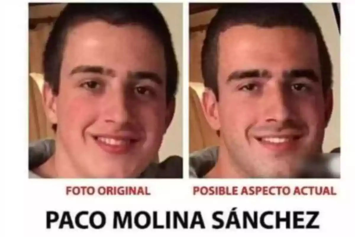 Comparación de dos fotos de un joven llamado Paco Molina Sánchez mostrando su imagen original y una posible apariencia actual