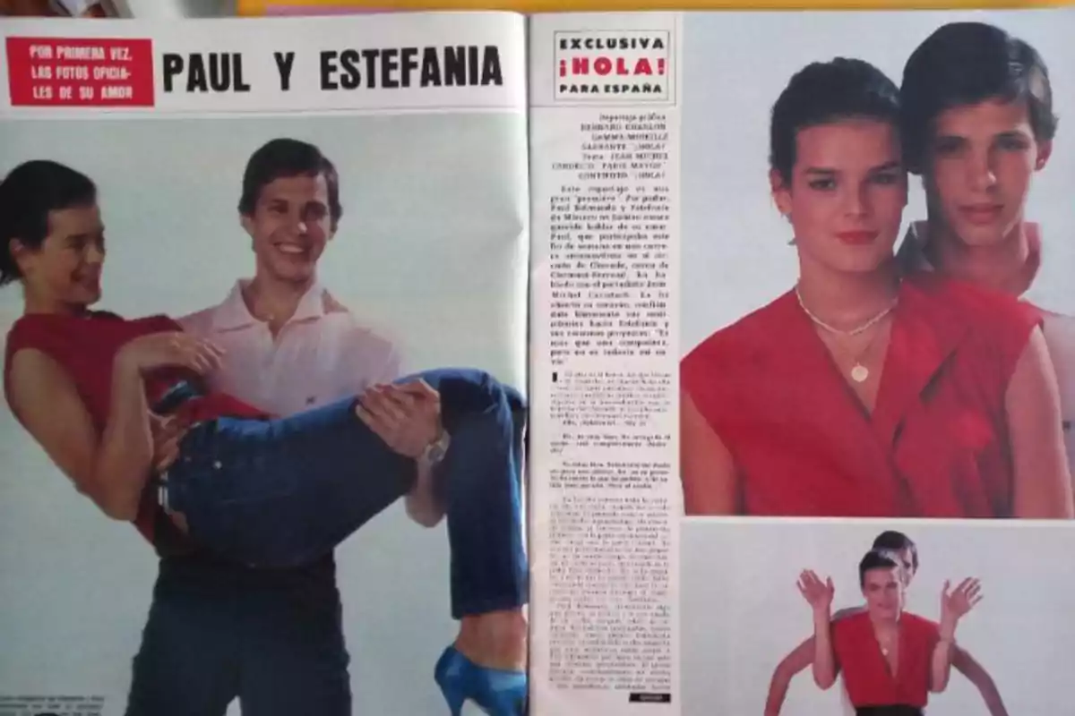 Revista abierta mostrando una sesión de fotos de una pareja joven posando juntos en diferentes posturas, ambos sonrientes y vestidos de manera casual y elegante Revista abierta mostrando una sesión de fotos de una pareja joven posando juntos en diferentes posturas, ambos sonrientes y vestidos de manera casual y elegante