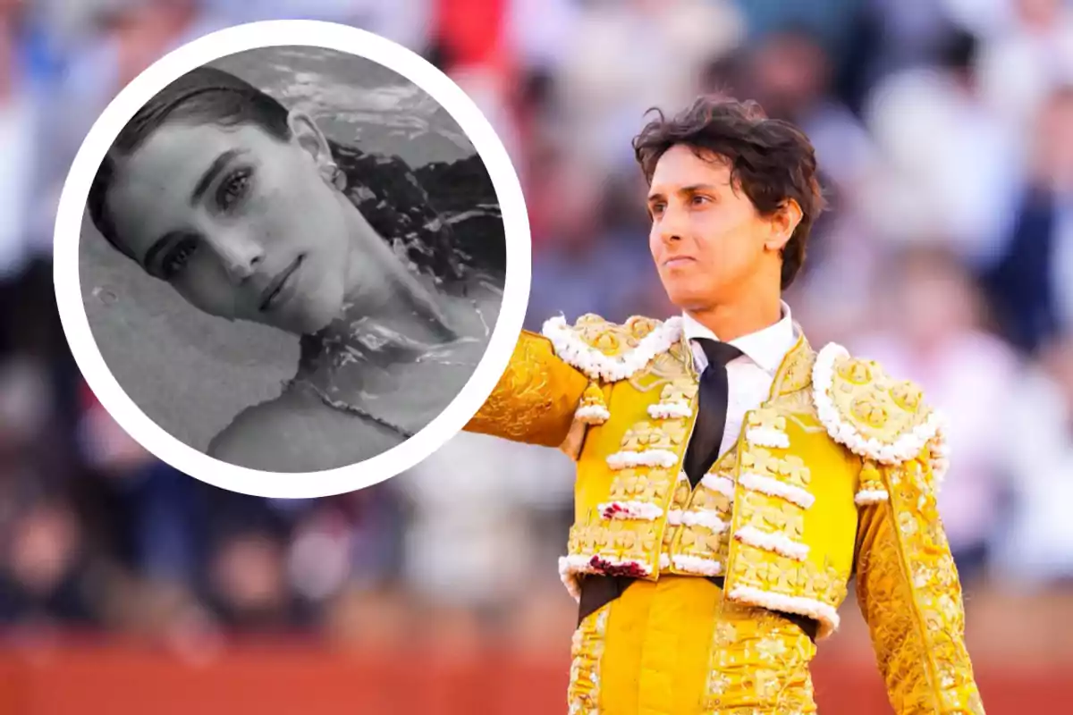 Un torero vestido de amarillo en una plaza sostiene algo mientras en la esquina superior izquierda aparece un recuadro circular con la imagen en blanco y negro de una mujer en el agua