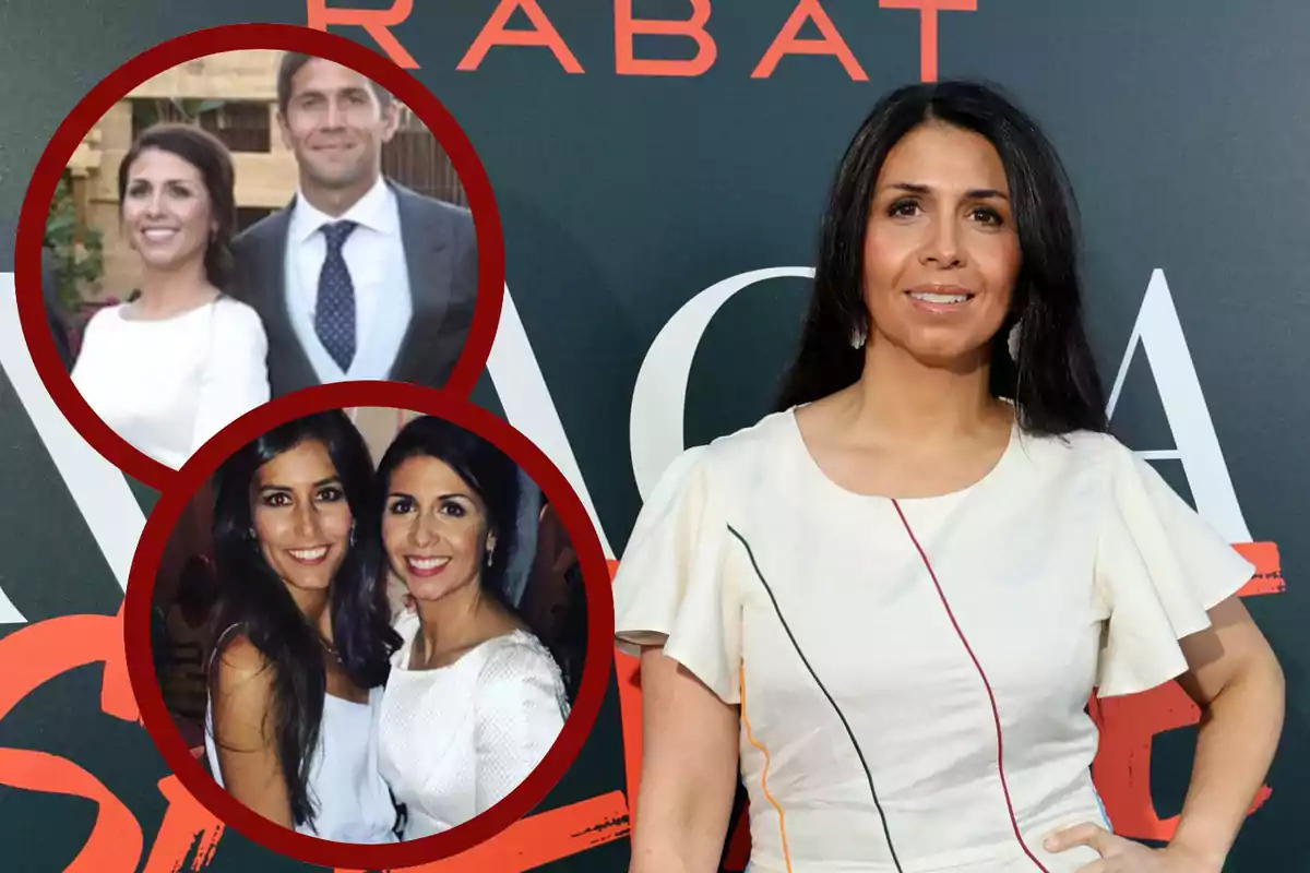 Mujer de cabello oscuro y vestido claro posando en un evento, con dos recuadros circulares mostrando fotos de ella acompañada de otras personas.