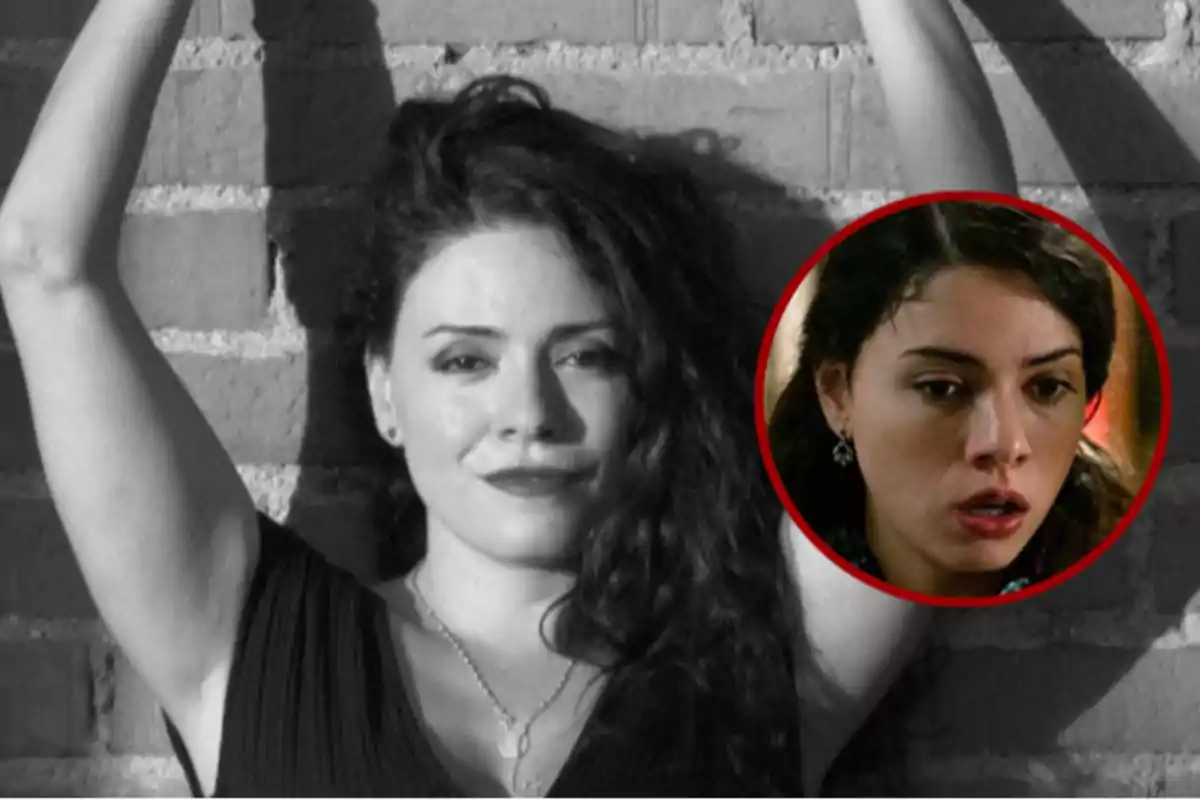 Mujer de cabello rizado posando frente a una pared de ladrillos en una foto en blanco y negro con un recuadro circular que muestra su rostro en color con una expresión seria
